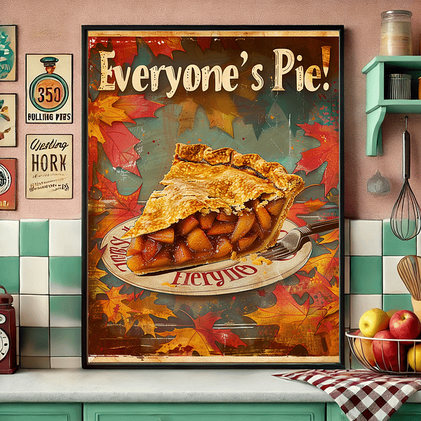 Retro Thanksgiving Decor showing a framed apple pie poster on a colorful kitchen wall. Vintage utensils and teal cabinetry complement the poster, while red and orange apples and autumn decorations create a cozy, nostalgic vibe, perfect for seasonal kitchen decor.