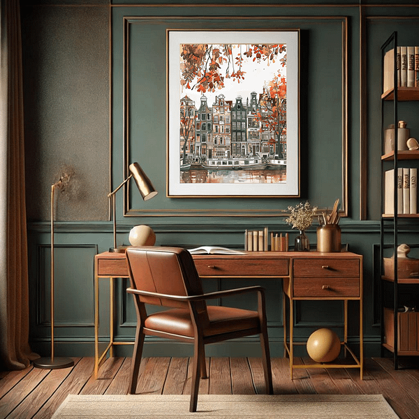 Amsterdam autumn art print in a modern home office with deep green walls, a wooden desk, and a leather chair. The artwork's autumn-colored leaves and canal houses match the warm tones of the decor.