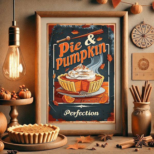 A framed retro autumn poster hangs in a rustic kitchen, surrounded by warm lighting, pumpkins, and baking essentials, evoking the coziness of autumn baking.