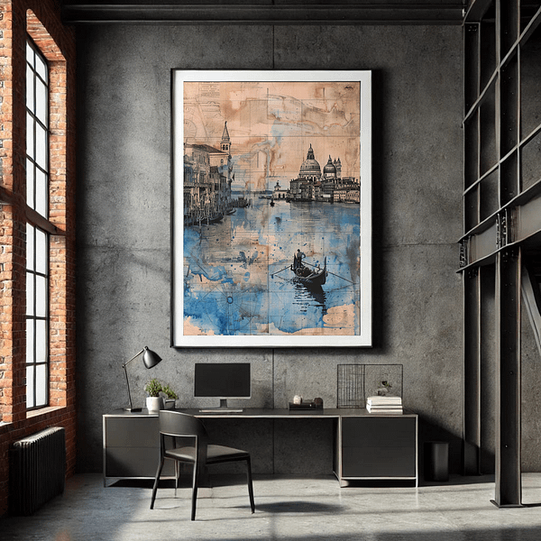 Venice digital art in a black frame on a dark gray industrial-style office wall. The exposed brick and steel beams contrast the artwork's soft blue and tan hues, adding a touch of elegance.