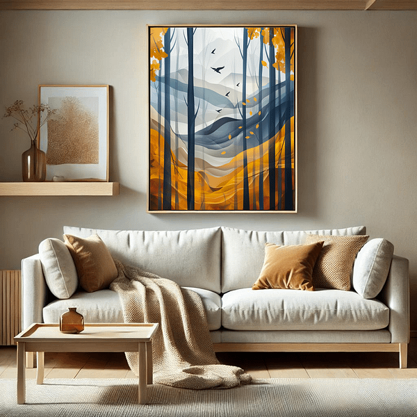 A cozy living room with a light beige sofa, autumn-themed pillows, and a textured blanket. The Aspen Autumn Wall Art in golden and blue tones hangs above, enhancing the minimalist space.