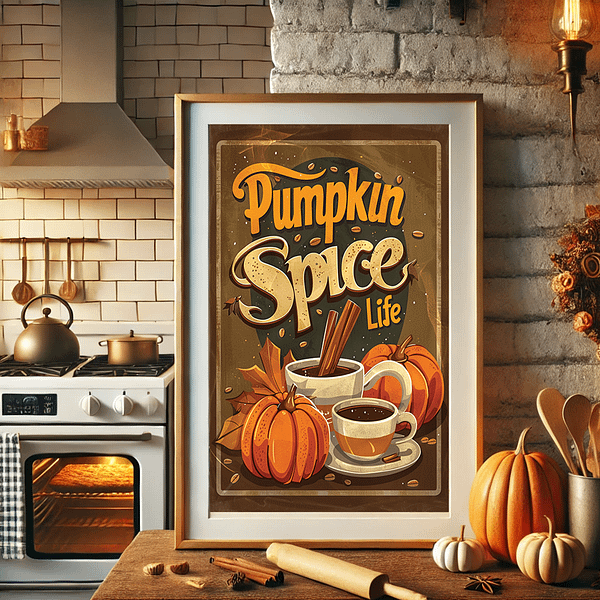 A framed "Pumpkin Spice Life" poster hanging in a rustic kitchen with warm lighting, surrounded by pumpkins, baking tools, and warm brown hues, perfect for autumn retro decor.