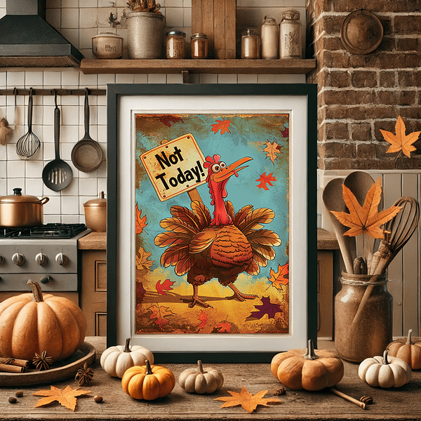 "Funny Thanksgiving Art" poster, featuring a goofy turkey holding a "Not Today" sign, placed on a countertop in a kitchen with autumnal pumpkins and warm tones. The playful colors highlight the retro feel, ideal for Thanksgiving decor.