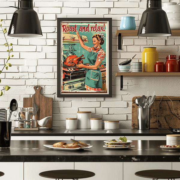 A framed Retro Thanksgiving Art piece hangs in a bright and colorful kitchen with white brick walls. The artwork, featuring a smiling woman in a retro kitchen, perfectly blends with the kitchen's lively accents of yellow and blue, adding a playful seasonal vibe.