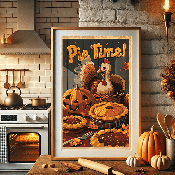 The Funny Fall Poster is framed in a country-style kitchen, placed next to a stove with an oven baking a pie. Pumpkins and rolling pins are arranged on the table in front. The color palette is filled with warm orange, brown, and beige tones, enhancing the autumn vibe.