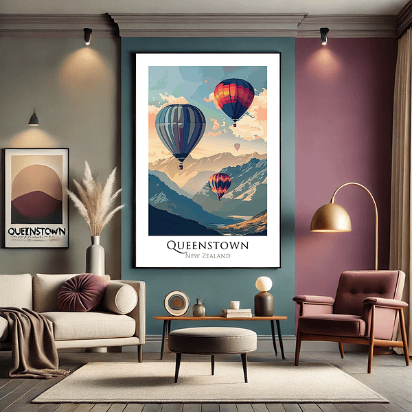 Queenstown Travel Poster in a contemporary living room, showcasing New Zealand’s stunning mountain landscape.