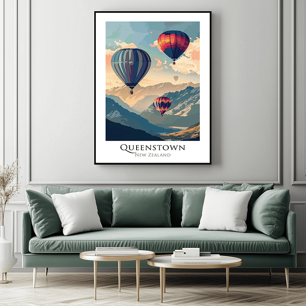 Queenstown Travel Poster depicting hot air balloons drifting over a peaceful mountain setting in New Zealand.