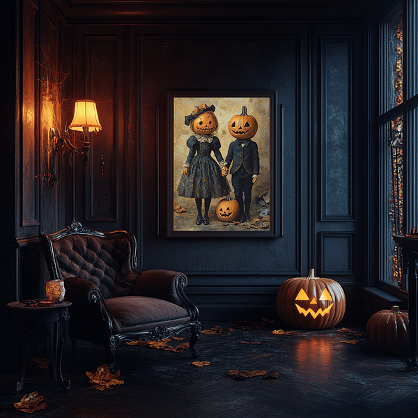 A dark, luxurious living room scene featuring two pumpkin-headed figures in an ornate Victorian frame. The Victorian Halloween Art is set in a room with moody lighting, a roaring fireplace, and glowing jack-o-lanterns, creating a warm yet spooky ambiance.