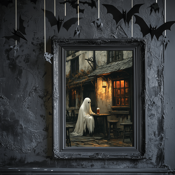 A framed Gothic Wall Art featuring a ghost sitting in a pub, hung on a dark gray textured wall. Above the frame, black hanging bats add a spooky Halloween touch. The warm glow from the pub contrasts with the excellent gray background, creating an eerie atmosphere