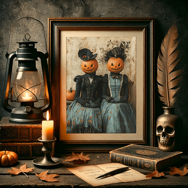 Gothic home decor Victorian pumpkin head art with a lantern, skull, and vintage books.