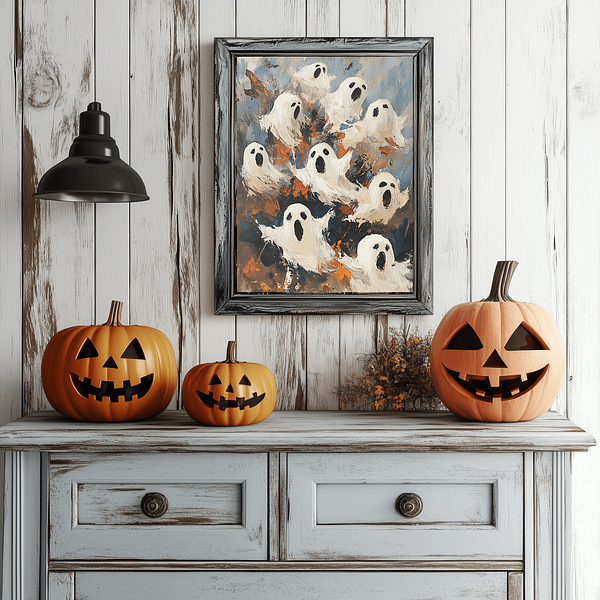 Ghost artwork is displayed above a white dresser, surrounded by carved pumpkins and lanterns. The neutral background emphasizes the festive decorations in this Halloween Ghost Decor setup.