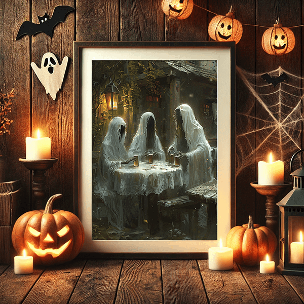 This Spooky ghost art mockup depicts three spectral figures drinking beer and playing cards. A rustic wooden setting, warm lighting, and Halloween décor make the scene eerily playful.