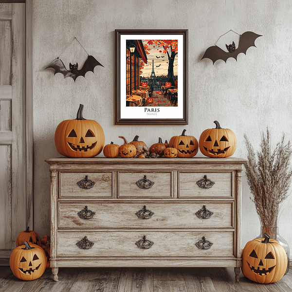 This is a charming night scene of a Paris café terrace decorated with Halloween pumpkins and bats flying above the Eiffel Tower. Warm candlelight and autumn tones in orange, brown, and beige create a spooky yet cozy ambiance, with lanterns and carved pumpkins enhancing the setting.