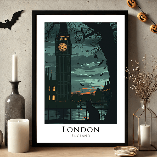 Framed Halloween London Art with Big Ben and flying bats on a gray wall. The surrounding decor includes vintage-style candles, and Halloween touches like bats and pumpkins.