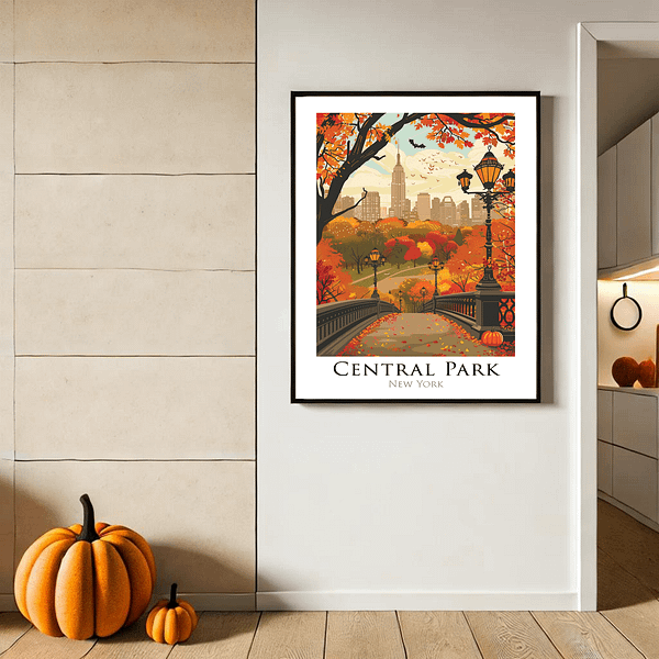 A modern interior with a framed Halloween NYC Art print featuring Central Park’s autumn foliage. Neutral tones in the room allow the vibrant orange and yellow leaves to pop, creating a warm and inviting atmosphere.