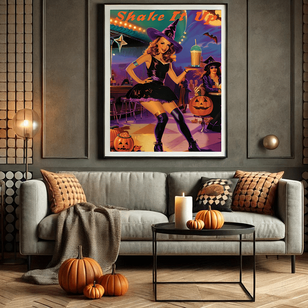 Retro Halloween decor in a living room with a gray sofa, pumpkins, candles, and a plaid blanket. Warm lighting and autumn accents make the space feel cozy and festive.