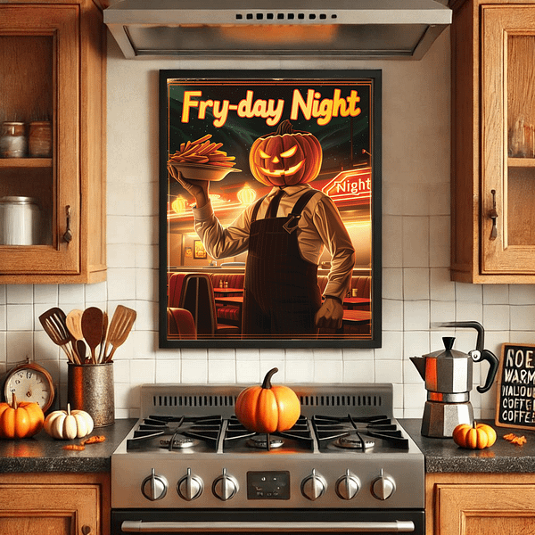 This is a minimalist kitchen with a 3:4 framed Retro Halloween Diner Art above the stove. Soft neutral tones, wooden cabinets, and small pumpkins create a peaceful autumn feel.