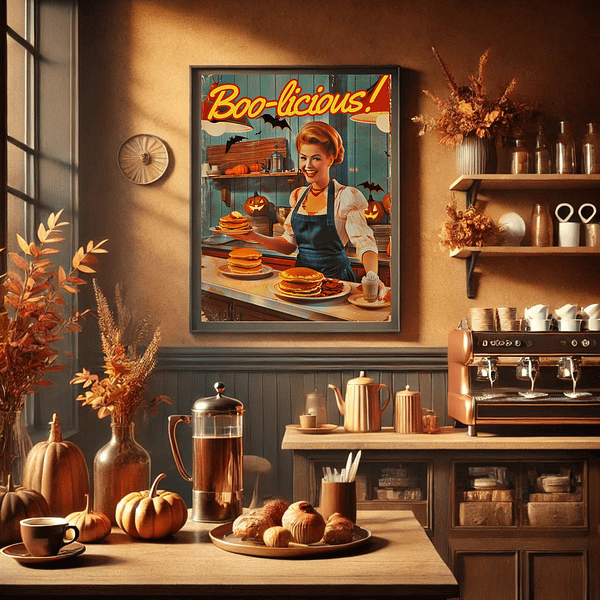 Retro Halloween Poster showing a kitchen with stacked pancakes, Halloween pumpkins, and warm, rustic tones. Soft lighting gives it a cozy, inviting feel for autumn or Halloween decor.