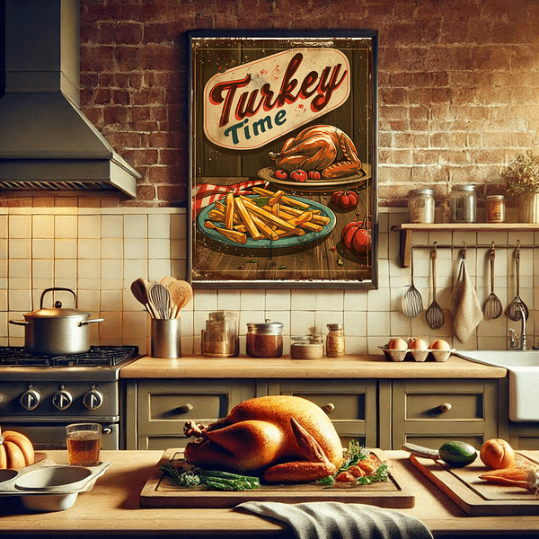 A Retro Thanksgiving Poster hangs in a cozy kitchen. The poster features a roast turkey and fries on a wooden table. Warm autumn colors fill the room with pumpkins, wooden shelves, and soft lighting, creating a nostalgic Thanksgiving atmosphere.