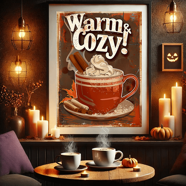 This retro Hot Chocolate poster is in a cozy café corner with candles, pumpkins, and warm lighting. The vintage decor adds a nostalgic fall touch, featuring hot chocolate, whipped cream, and cinnamon.