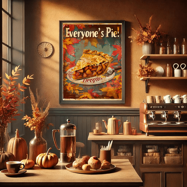 Retro Thanksgiving Decor framed poster of apple pie in a rustic kitchen. Surrounded by wooden utensils, warm candlelight, and a coffee cup, this scene evokes a cozy fall kitchen. Orange and beige tones enhance the warm and inviting Thanksgiving atmosphere.