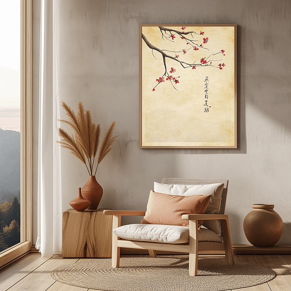 Serene Japanese blossom art with a minimalist design, adding tranquility to living spaces or offices.