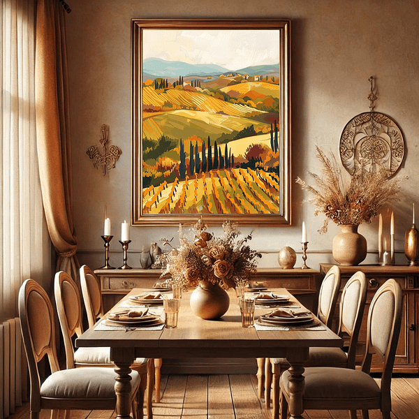 Tuscany travel art in a vertical 3:4 ratio frame is displayed in a cozy dining room with a rustic wooden table. The room features beige curtains, candles, and a vase, which harmonize with the warm autumn tones of the artwork.