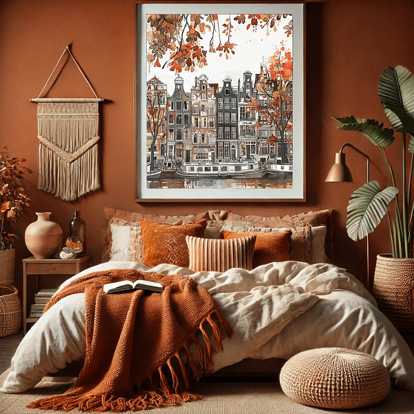 Amsterdam autumn art print in a boho-style bedroom with terracotta tones and warm textiles. The soft textures of the room, including woven baskets and blankets, complement the warm, autumnal hues of the print.