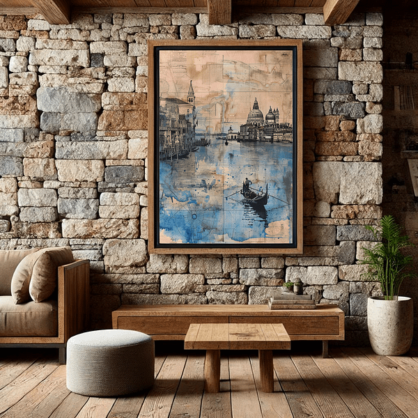 In a rustic living room, Venice digital art is mounted in an antique wooden frame on a stone-textured wall. The room's earthy tones enhance the artwork's natural blue and beige palette.