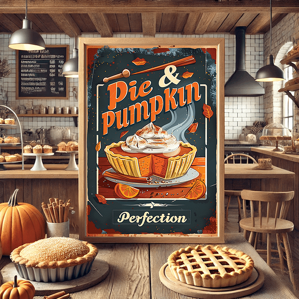 The retro autumn poster is featured in a cozy bakery, with pies and pastries on display, surrounded by pumpkins and a wooden interior, perfect for a fall-themed shop decor.