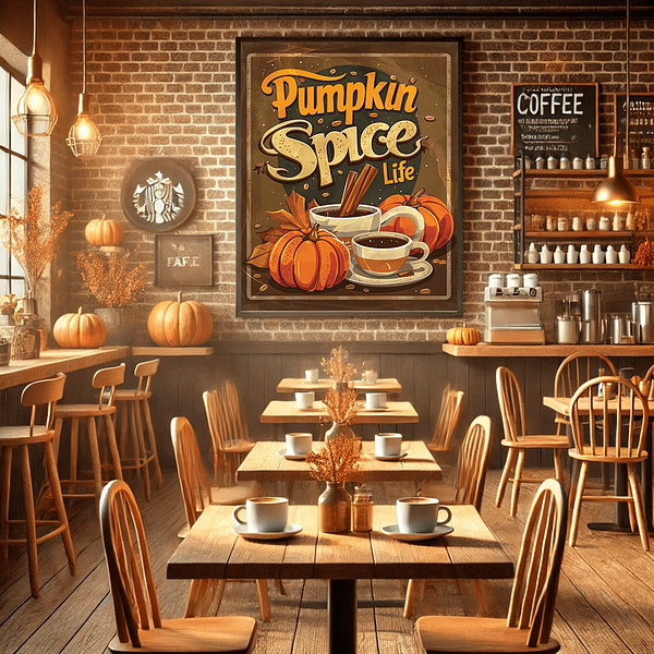 The "Pumpkin Spice Life" poster in a framed display, creating a warm and welcoming fall entryway with pumpkin accents and cozy, rustic charm, ideal for autumn retro decor enthusiasts.