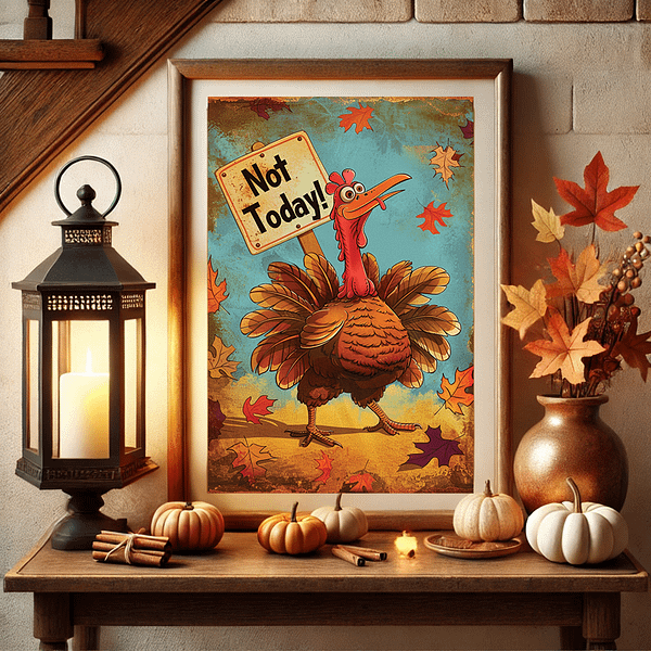 "Funny Thanksgiving Art" featuring a turkey with a "Not Today" sign, set in a framed poster on an entryway table. The scene is styled with seasonal pumpkins and leaves, creating a warm autumnal atmosphere with orange, yellow, and brown tones.