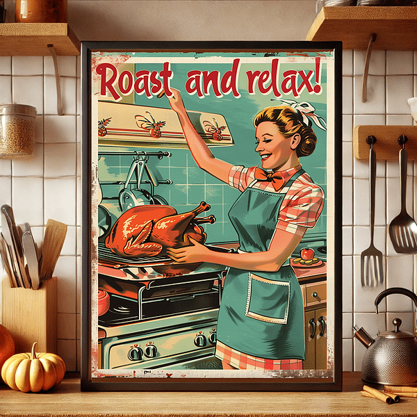 The Retro Thanksgiving Art is showcased in a warm, autumn-inspired kitchen. The artwork sits above a wooden counter, surrounded by fall accents like pumpkins and cinnamon sticks, while the rustic decor and brick walls highlight its nostalgic 1950s charm.