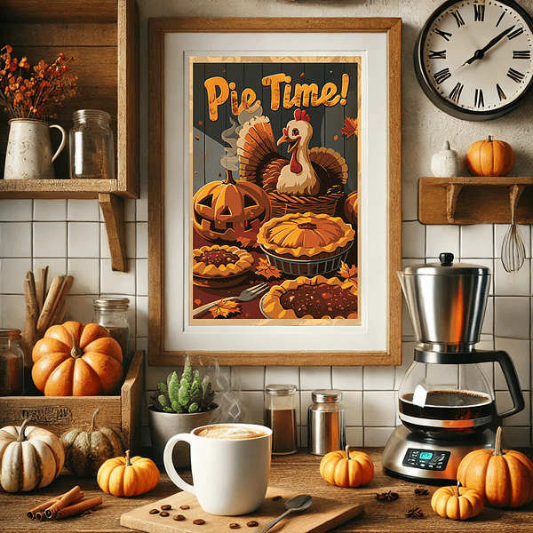 This Funny Fall Poster is framed and hung in a coffee corner of a kitchen. The poster, featuring a turkey, pies, and pumpkins, is surrounded by pumpkins, mugs, and jars of coffee. Neutral beige and brown tones create a cozy, inviting autumn kitchen atmosphere.