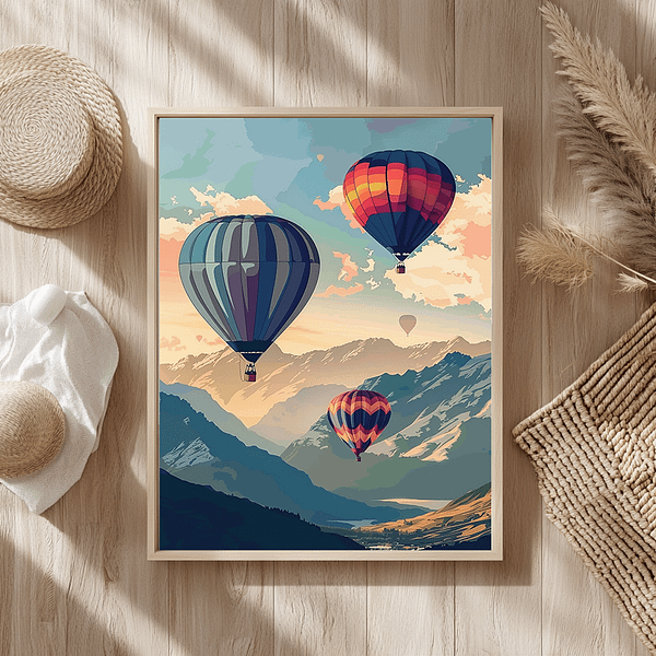 Queenstown Travel Poster displayed on a natural wooden surface, highlighting the beauty of New Zealand’s mountains and balloons.