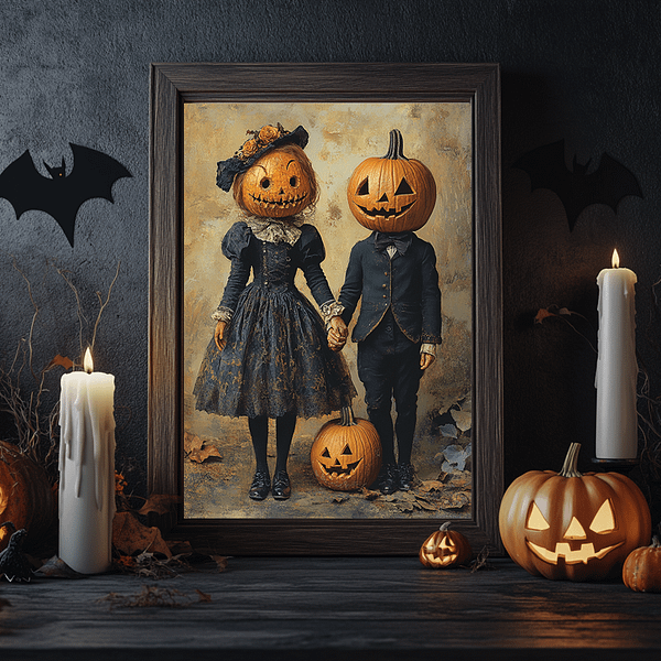 Two pumpkin-headed figures are displayed in a black Victorian-style frame on a dark, ornate fireplace mantel. The Victorian Halloween Art adds a spooky ambiance to the dimly lit room with gothic decor, candles, and pumpkins.