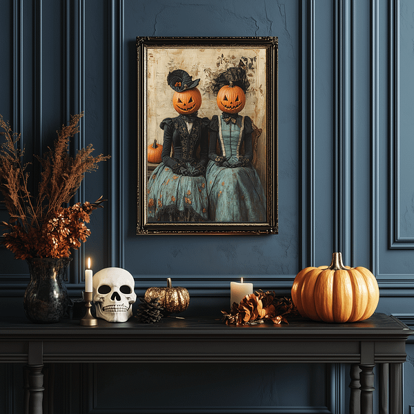 Gothic home decor with pumpkin head Victorian artwork and black and gold decor accents