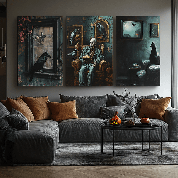 A set of three dark gothic posters featuring a raven by a window, a skeleton in an armchair with ravens, and a black cat watching TV. The posters are in a cozy modern living room, with dark furniture and fall-themed decorations like pumpkins.