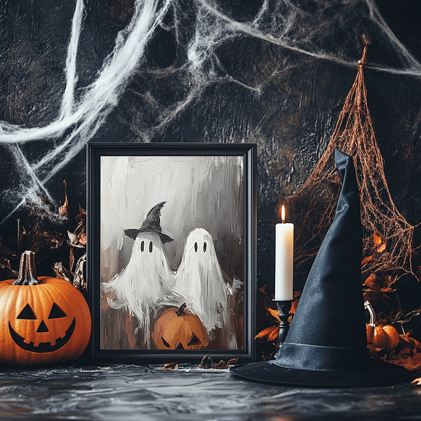 Ghost artwork framed above a rustic wooden dresser with carved pumpkins and a bat decoration. The soft autumnal colors in this Halloween Ghost Decor create a cozy, festive atmosphere.