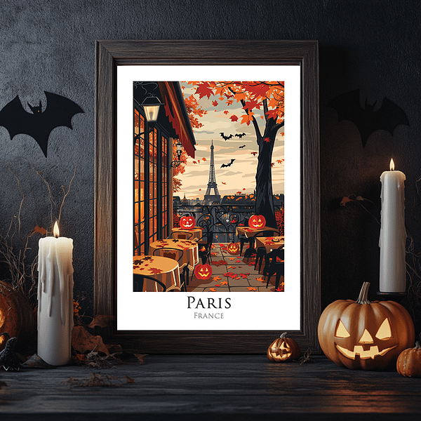 A stylish Paris café with jack-o'-lanterns on tables, autumn leaves, and an iconic view of the Eiffel Tower. Lit candles and bats hanging on the wall add to the festive Halloween vibe. The room has warm lighting and neutral gray, brown, and beige tones.