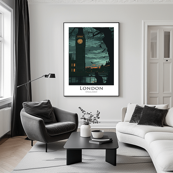 A stylish living room featuring a framed Halloween London Art print of Big Ben. The decor is minimal, with neutral tones of gray and black, making the dark artwork stand out on the wall.