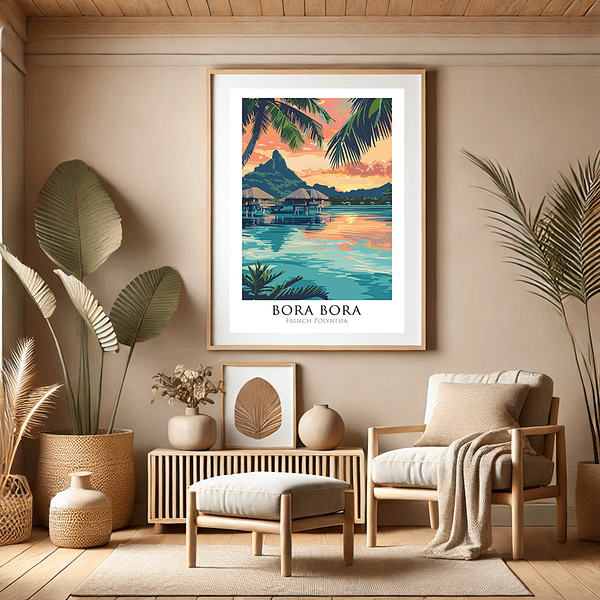 A calming Bora Bora Travel Poster with a stunning view of the lagoon, palm trees, and mountains in the distance.