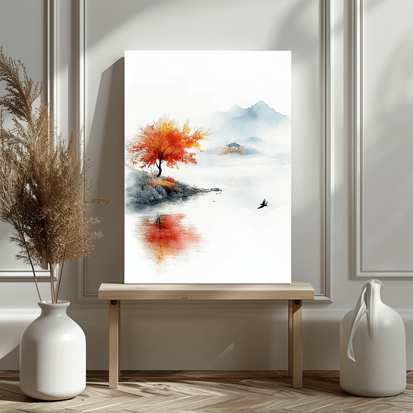 This minimalist hallway features a wooden bench and a framed Japandi autumn decor print featuring an orange tree. The clean, white space includes simple decor like vases and dried branches.