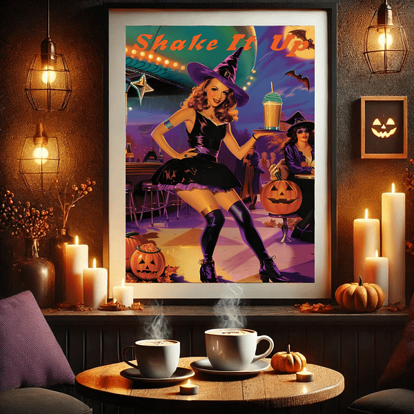 A cozy café mockup with retro Halloween decor on the wall. The café includes steaming cups of coffee, candles, and pumpkins. Warm lighting and earthy tones create a festive Halloween atmosphere.