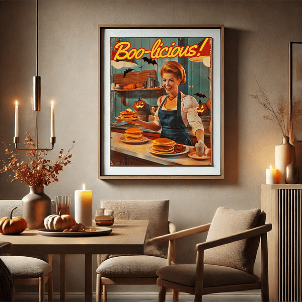 Retro Halloween Poster in a cozy diner featuring pancakes and pumpkin decorations on the walls. Warm red and orange tones set a nostalgic, inviting atmosphere.