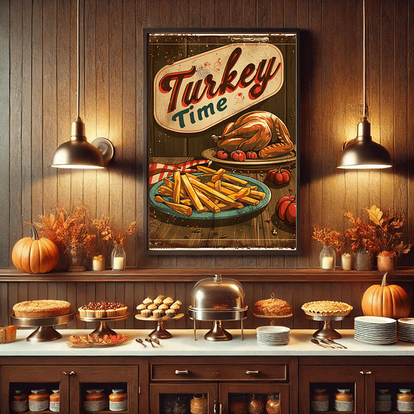 A Retro Thanksgiving Poster is centered on a wooden wall in a buffet setting. The buffet counter is filled with Thanksgiving desserts like pies and pastries, decorated with pumpkins, candles, and fall leaves for a festive atmosphere.