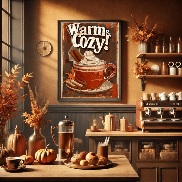 This retro Hot Chocolate poster hangs above a coffee station with coffee jars, pumpkins, and warm fall colors. It's a perfect vintage autumn touch for your kitchen space.