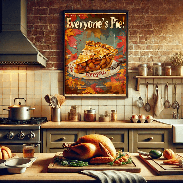 Retro Thanksgiving Decor poster of apple pie hung in a warm dining room. The scene features a wooden table with candles and pumpkins in autumn colors, evoking a cozy and welcoming vibe for fall or Thanksgiving gatherings.