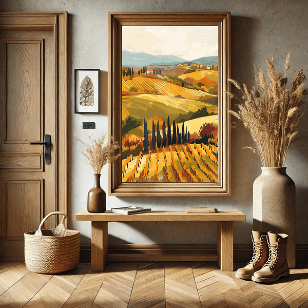 Tuscany travel art in a vertical 3:4 ratio frame hangs in a welcoming entryway with wooden floors. The entry is decorated with a wooden bench, a woven basket, and a vase of dried flowers, complementing the warm tones of the artwork.