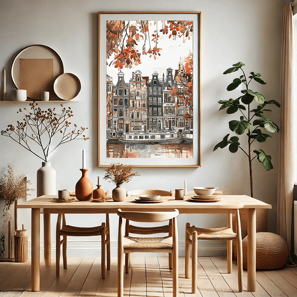 Amsterdam autumn art print in a Scandinavian-style dining room with light wooden furniture, white walls, and minimal decor. The warm autumn colors in the print stand out against the clean, minimalist design of the room.